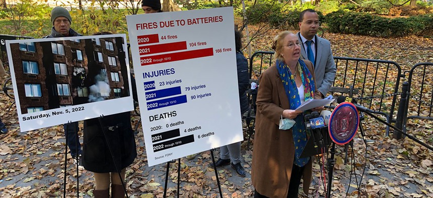 New York City Council members rallied outside City Hall Monday in support of new E-bike battery regulation after a spike in fires blamed on the devices which led to six deaths this year. 