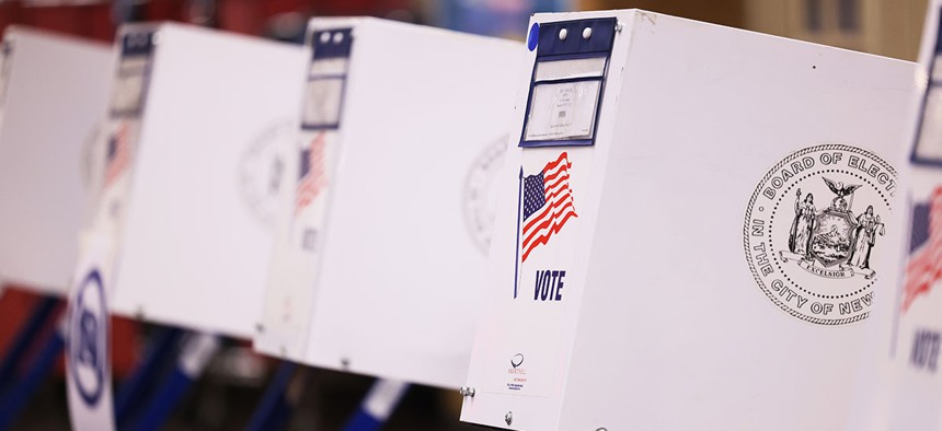 Empty voting booths are seen during Primary Election Day at PS 10 on August 23, 2022 in Park Slope.