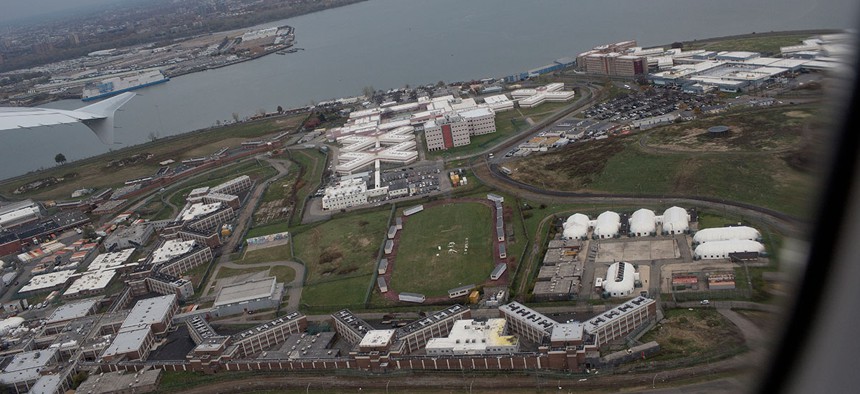 An aerial photo of Rikers Island
