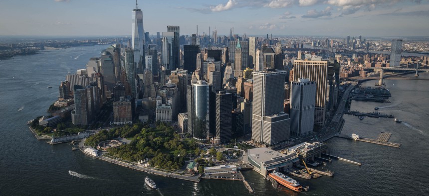 An aerial view taken in 2021 shows Lower Manhattan and the East Coast Resiliency Project that runs 2.5 miles along its shoreline of Lower Manhattan. The Clean Water, Clean Air and Green Jobs Bond Act.