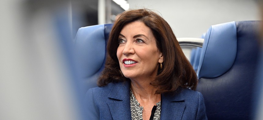 Gov. Kathy Hochul rides an LIRR train from Hicksville to Westbury Oct. 3, 2022 as she marked the completion of the Third Track project.