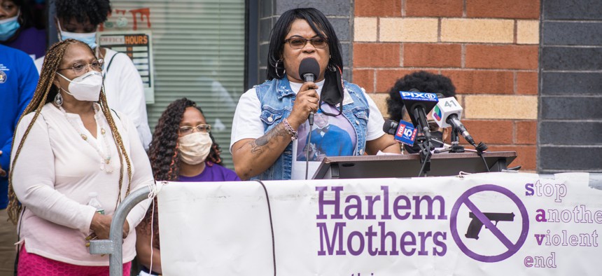 Even Hendricks, who lost her son Brandon to gun violence, speaks at a Harlem Mothers and Fathers Stop Another Violent End (S.A.V.E.) event  commemorating the National Day of Remembrance on Sept. 25, 2020.