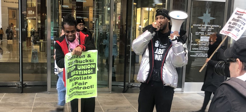 Amazon Labor Union President Chris Smalls led a small protest of ALU organizers and other activists outside The New York Times’ billionaire-studded DealBook Summit this morning.