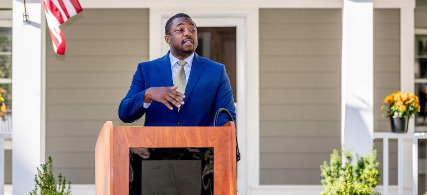 Then-Lt. Gov. Brian Benjamin at a ribbon-cutting ceremony on Long Island.