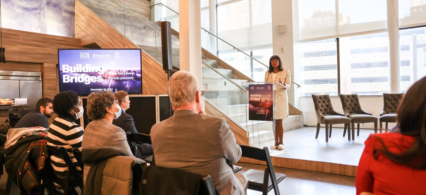 Ingrid Lewis-Martin, chief adviser to Mayor Eric Adams, addresses attendees at City & State’s Building Bridges interfaith event Tuesday at The Mezzanine in Lower Manhattan.