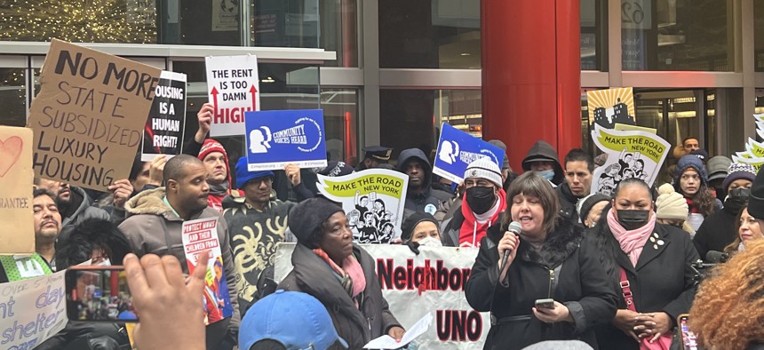 Ralliers outside Gov. Kathy Hochul’s Manhattan Office pushing for the passage of a slate of housing bills to get passed in the 2023 legislative session.