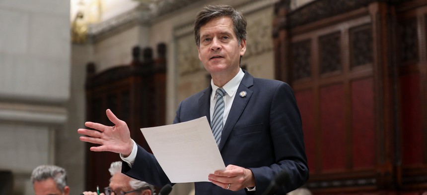 State Sen. Brad Hoylman on the floor of the state Senate in June.