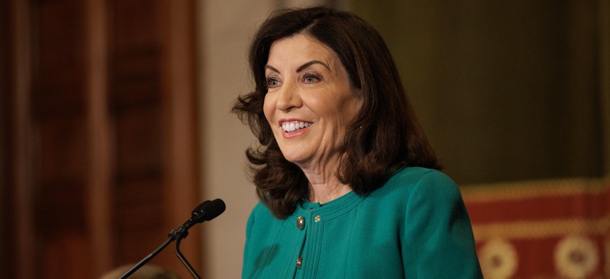 Gov. Kathy Hochul provides a winter storm briefing in the Red Room at the State Capitol on Thursday.