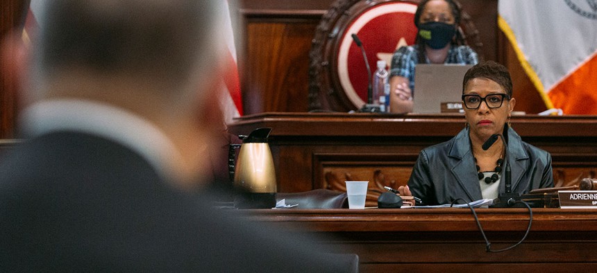 New York City Council Speaker Adrienne Adams listens to testimony from members of Mayor Eric Adams’ administration at an oversight hearing on the response to asylum-seeking migrants on Monday, Dec. 19.