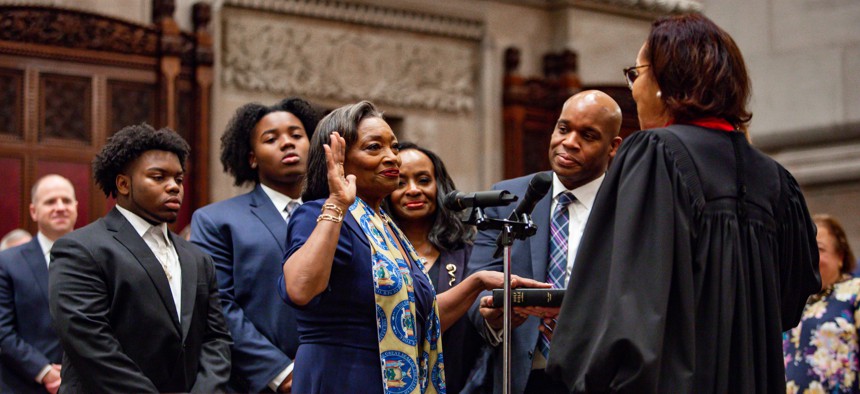 State Senate Majority Leader Andrea Stewart-Cousins is sworn in.