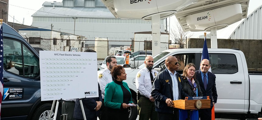 Mayor Eric Adams, while announcing nearly 1,000 new electric vehicles will replace fossil fuel-powered city fleet vehicles at a press conference in Brooklyn Wednesday, also, in response to a reporter’s question, called for federal help in dealing with the city’s influx of asylum seekers.