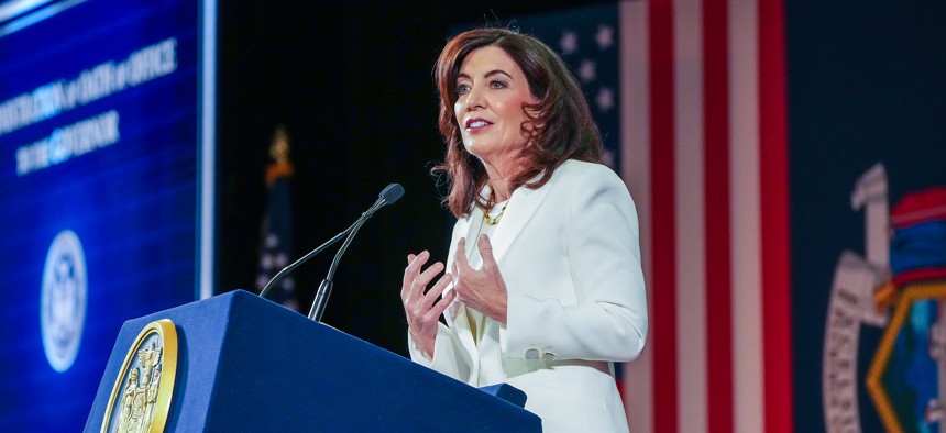 Gov. Kathy Hochul speaks at her oath of office on Jan. 1, 2023. Latino leaders, among other New Yorkers, are split over the governor's pick for chief judge Hector LaSalle. 