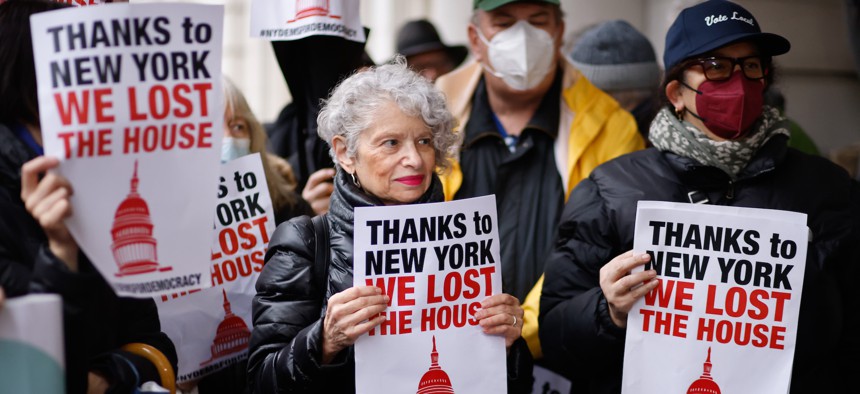 Democratic Party members protested against Jay Jacobs’ leadership outside New York City Hall on Jan. 3.
