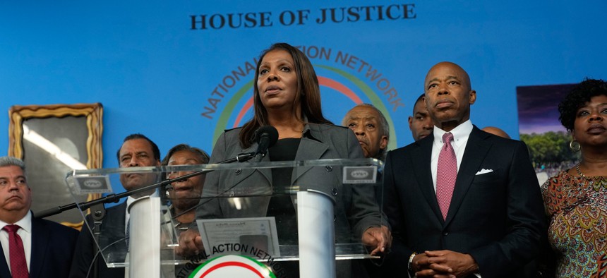 Attorney General Letitia James and others after a meeting of top Black elected officials on Jan. 5 in Harlem.