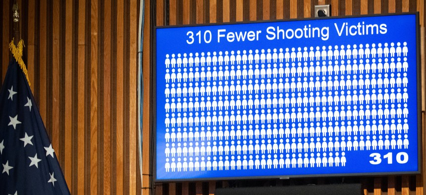 A graphic at the Jan. 5 press conference about New York City’s 2022 crime statistics.