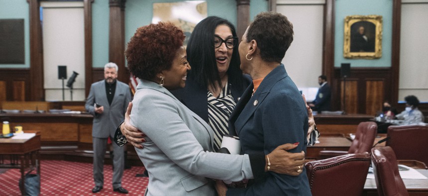 While Republicans like Joann Ariola (center) and Democrats Mercedes Narcisse and Adrienne Adams can still come together, growing partisanship means it’s not always smiles for members of the New York City Council over the past year.