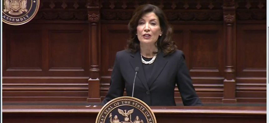Screenshot of Gov. Kathy Hochul's State of the State address inside the Assembly Chamber Tuesday afternoon.