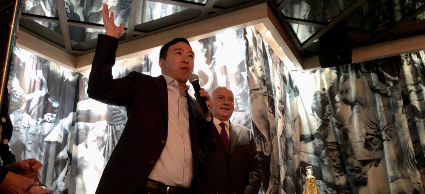 Former mayoral candidates Andrew Yang and Sal Albanese speak at the Final Five Voting NYC launch event on Jan. 10, 2023 in Midtown Manhattan