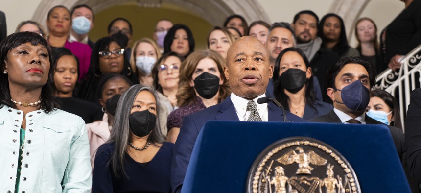 New York City Mayor Eric Adams spoke about the migrant crisis at a press conference on women’s health Tuesday.