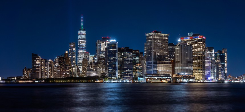 New York City’s skyline at night.