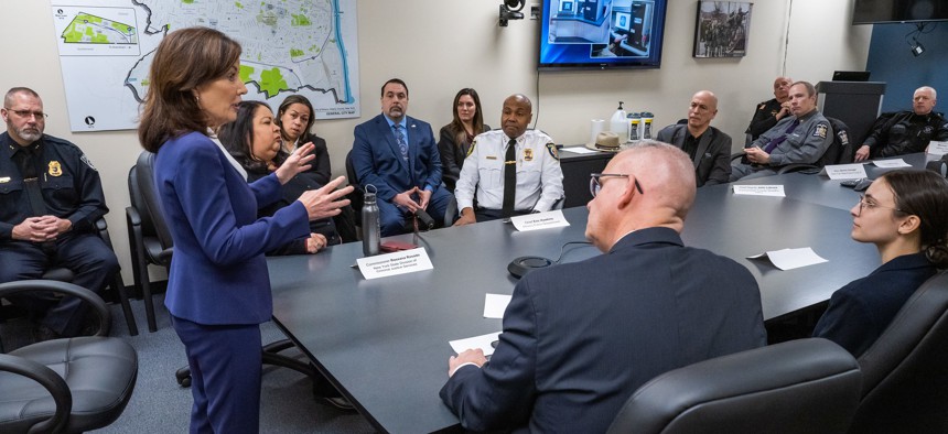 Hochul reiterated pledges she made during her State of the State address to bulk up the state police presence in cities looking for more law enforcement and increase money going to local prosecutors.