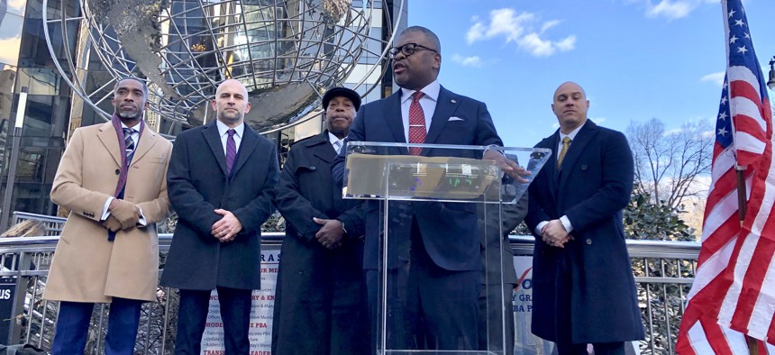 Corey Grable announces his campaign for PBA president on Jan. 24 at Columbus Circle in Manhattan.