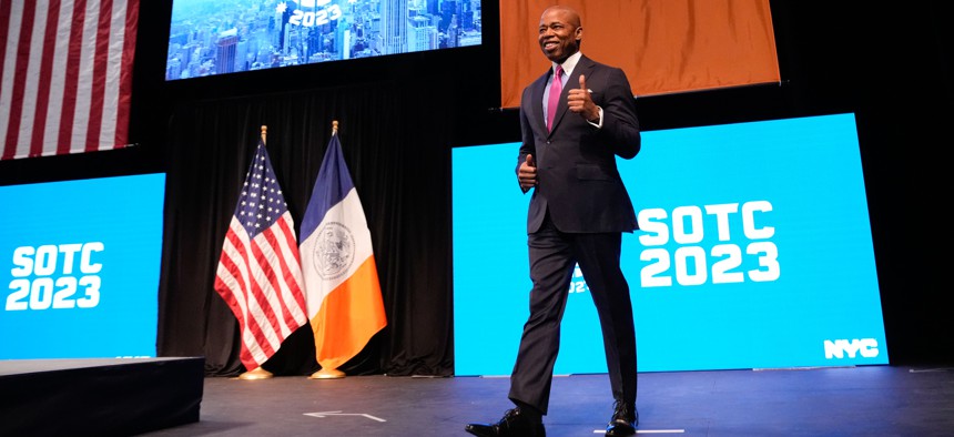 Mayor Eric Adams delivers his first State of the City address at Queens Theater on January 26, 2023.