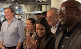 From left to right, state Senate Deputy Leader Mike Gianaris, New York City Council Member Tiffany Cabán, Rep. Alexandria Ocasio-Cortez, Senate Majority Leader Chuck Schumer and Rep. Jamaal Bowman.
