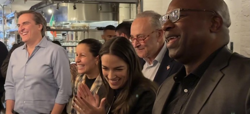 From left to right, state Senate Deputy Leader Mike Gianaris, New York City Council Member Tiffany Cabán, Rep. Alexandria Ocasio-Cortez, Senate Majority Leader Chuck Schumer and Rep. Jamaal Bowman.