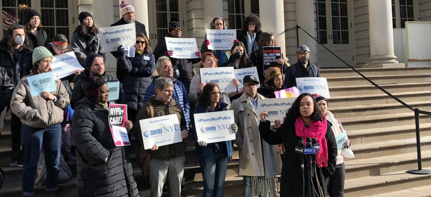 New York City Council Member Carmen De La Rosa speaks at a City Hall rally ahead of the oversight hearing on mental health involuntary removals, on Mon. Feb. 6.