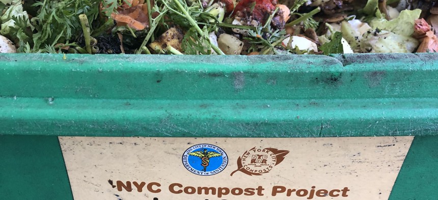 A New York City compost project collection bin set up in Queens, New York.