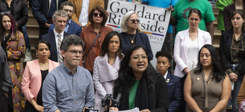 City Council Progressive Caucus Co-Chairs Lincoln Restler and Shahana Hanif at an April 21, 2022 rally.