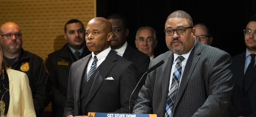 Mayor Eric Adams and Manhattan District Attorney Alvin L. Bragg Jr. announce a partnership with local law enforcement and elected officials to combat the proliferation of illegal, unlicensed cannabis dispensaries in Manhattan.
