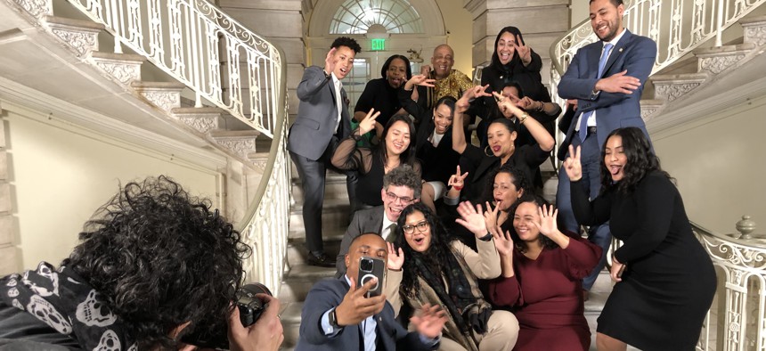 Members of the New York City Council Progressive Caucus pose for a photo at City Hall on Feb. 16, 2023.