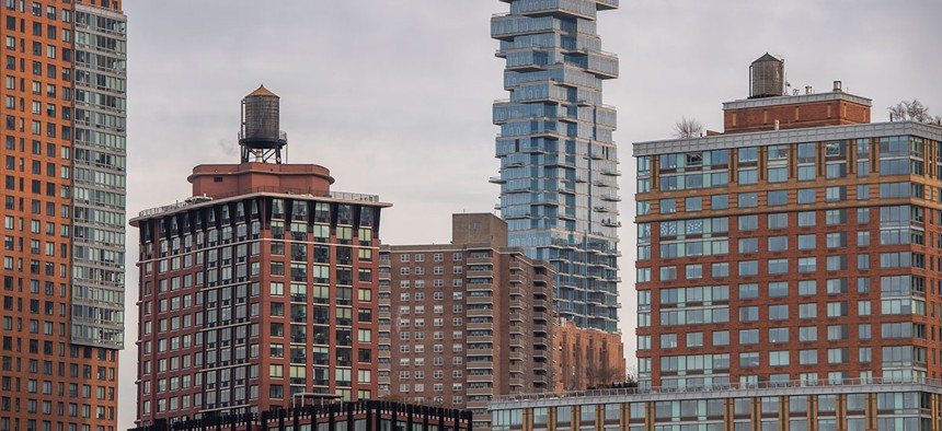 View of apartments and office buildings in the financial district of Manhattan.