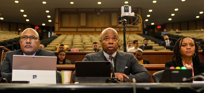 New York City Mayor Eric Adams testifies before the New York State Senate Finance and Assembly Ways and Means Committees in Albany on Wednesday, February 15, 2023.
