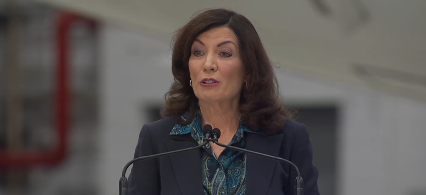 Gov. Hochul speaking at the groundbreaking of a new Terminal 6 at JFK.