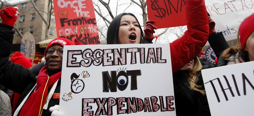 Nurses strike outside of Mount Sinai Hospital on January 11, 2023.