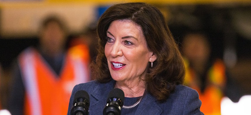 Governor Kathy Hochul gives a speech on the Hudson River tunnel project at the West Side Yard on January 31, 2023 in New York City.