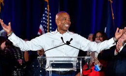 Eric Adams gestures to supporters during his 2021 election victory night party at the Brooklyn Marriott on November 2, 2021.