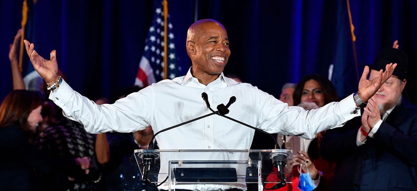 Eric Adams gestures to supporters during his 2021 election victory night party at the Brooklyn Marriott on November 2, 2021.