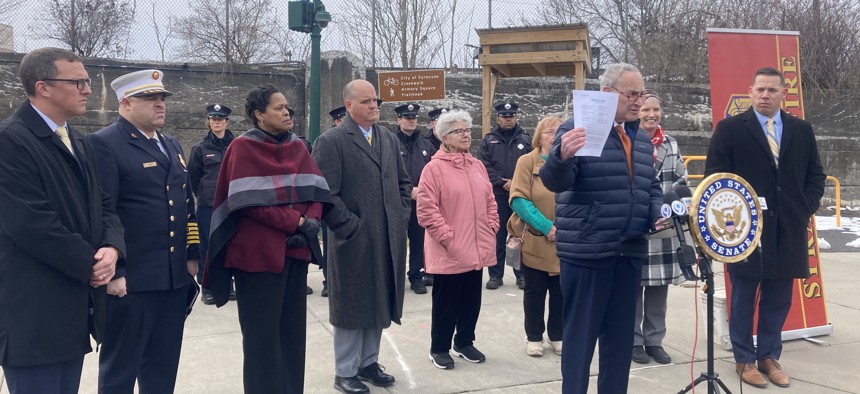 U.S. Senate Majority Leader Chuck Schumer announces his support for the The Railway Safety Act of 2023 on a visit to Syracuse Monday.