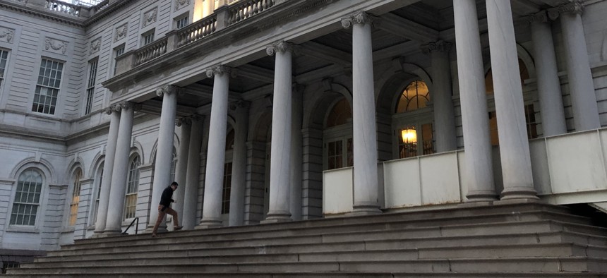 The City Hall steps, in twilight