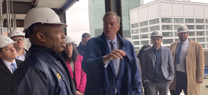 The mayor used the visit to push for rule changes in Albany that would allow for streamlined construction and more office-to-housing conversion in New York City.