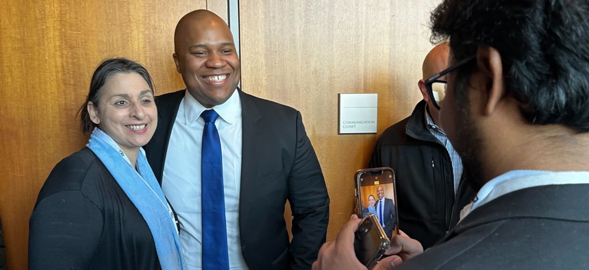 New York City Chief Technology Officer Matt Fraser poses for a photo with an attendee from City & State’s Digital 2023 New York Summit.