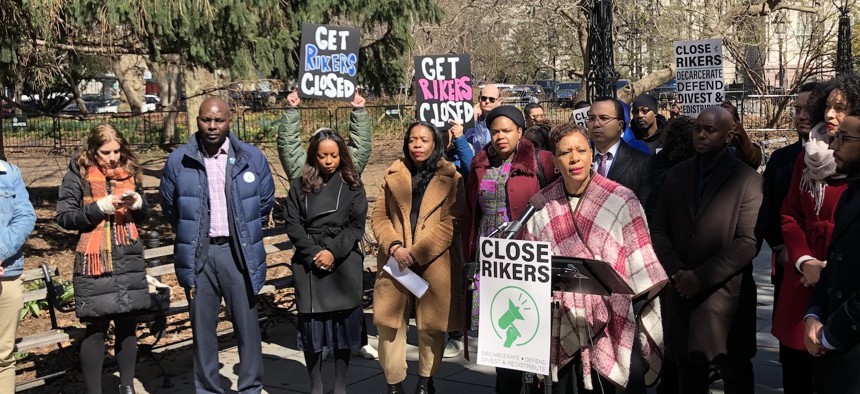 New York City Council Speaker Adrienne Adams and others rally to close Rikers Island by 2027.