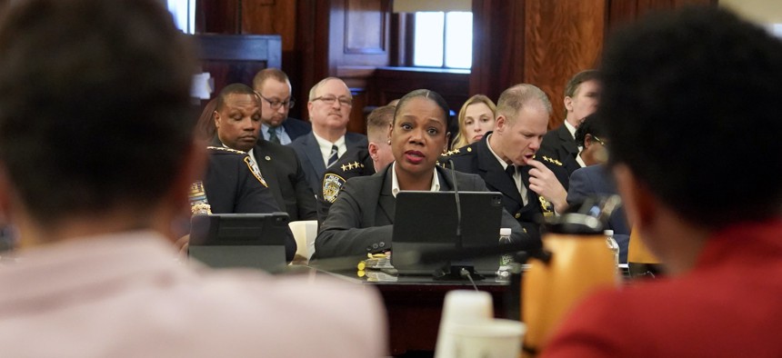 NYPD Commissioner Keechant Sewell testifies at a City Council budget hearing March 20, 2023.