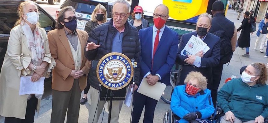 Attorney Arthur Schwartz holds a press conference with the 504 Democratic Club and Senate Majority Leader Chuck Schumer to announce elevators and elevator ramps will be installed and made accessible on subway stops along 14th St. in Manhattan after prior plans were stalled.