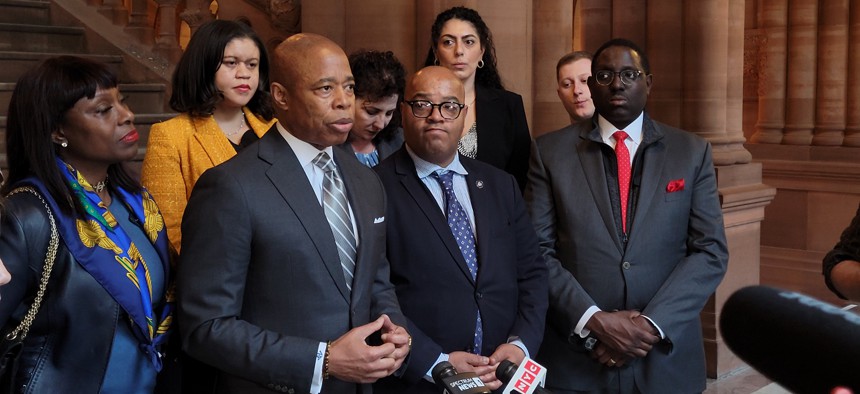 New York City Mayor Eric Adams speaks at the Million Dollar Staircase in the state Capitol on March 27, 2023.