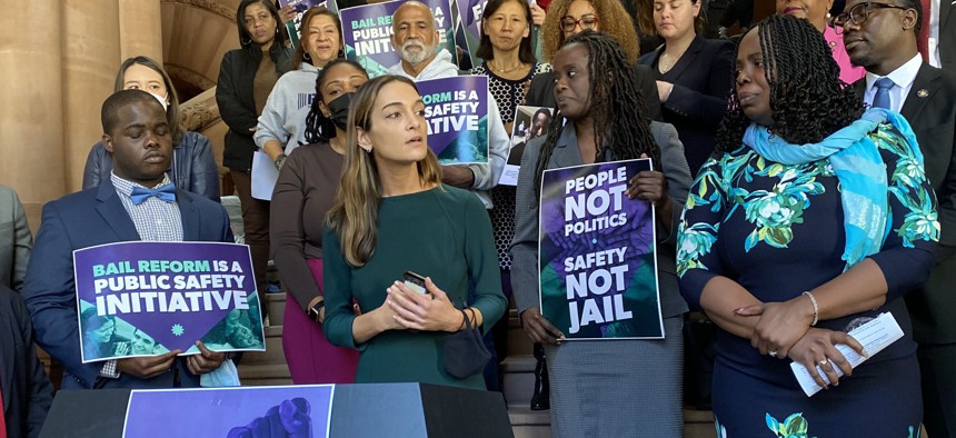 State Sen. Julia Salazar (center) and Assembly Member Latrice Walker (right) at a rally defending bail reform at the State Capitol in March 2022.